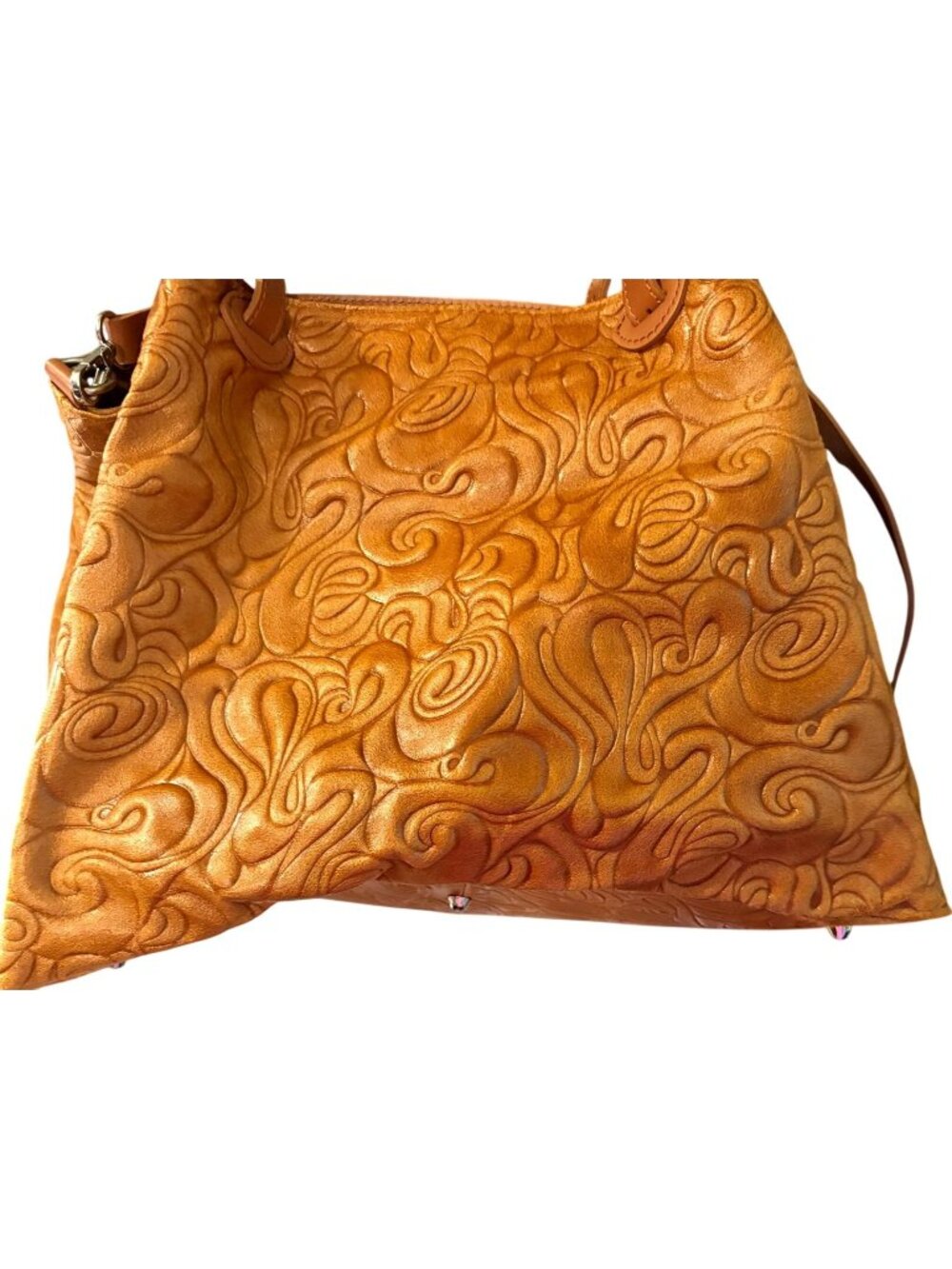 Isadora of Florence Tan Italian Handbag With Embossed Scroll Pattern  16 x 12"